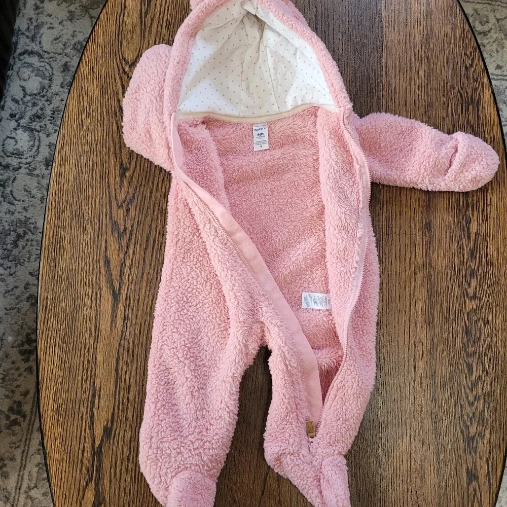 Carter's Pink Baby Bear Hooded Sherpa Bunting Pram Size 6 Months Winter Cover
